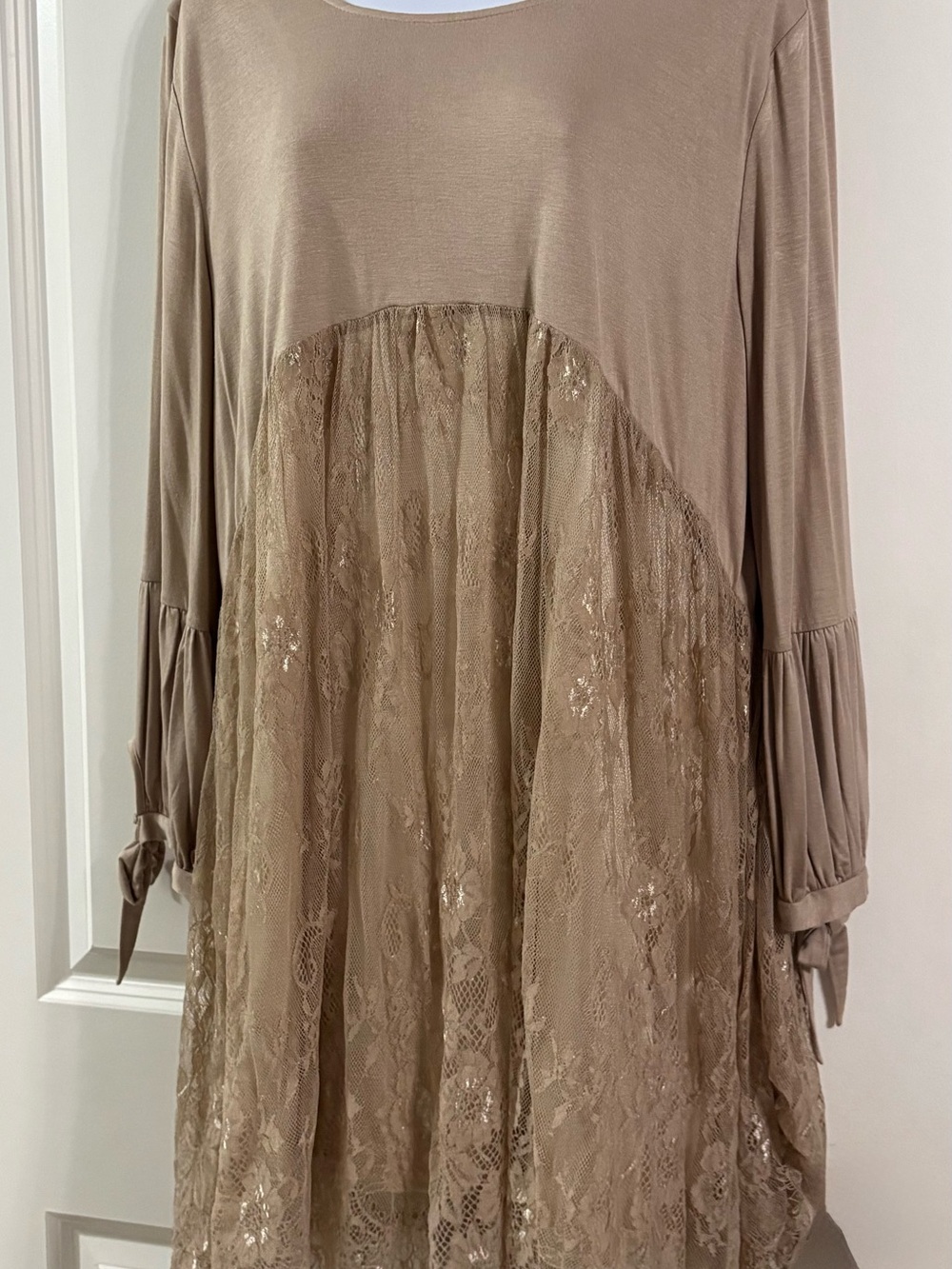 Women’s Lace-Panel Midi Dress in Tan